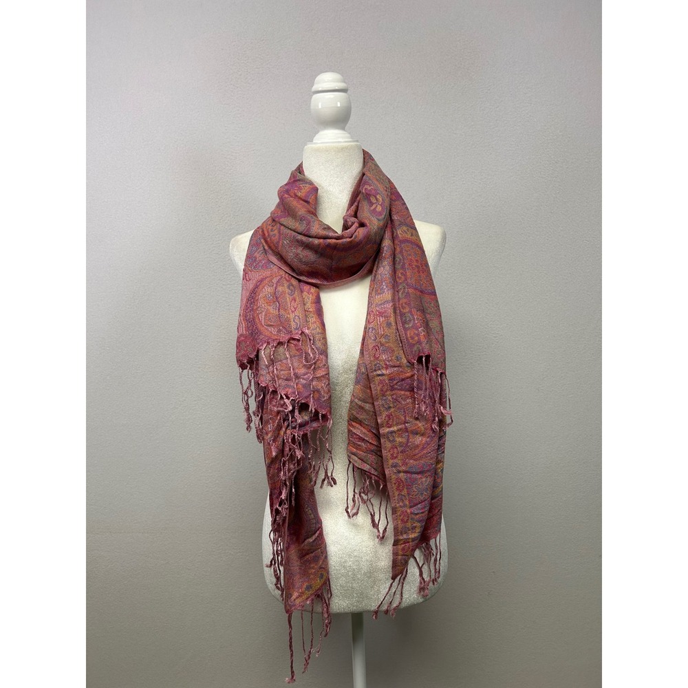 Boho Fino & Fina Womens OS Pink Paisley Fringed Pashmina Scarf Shawl Wrap